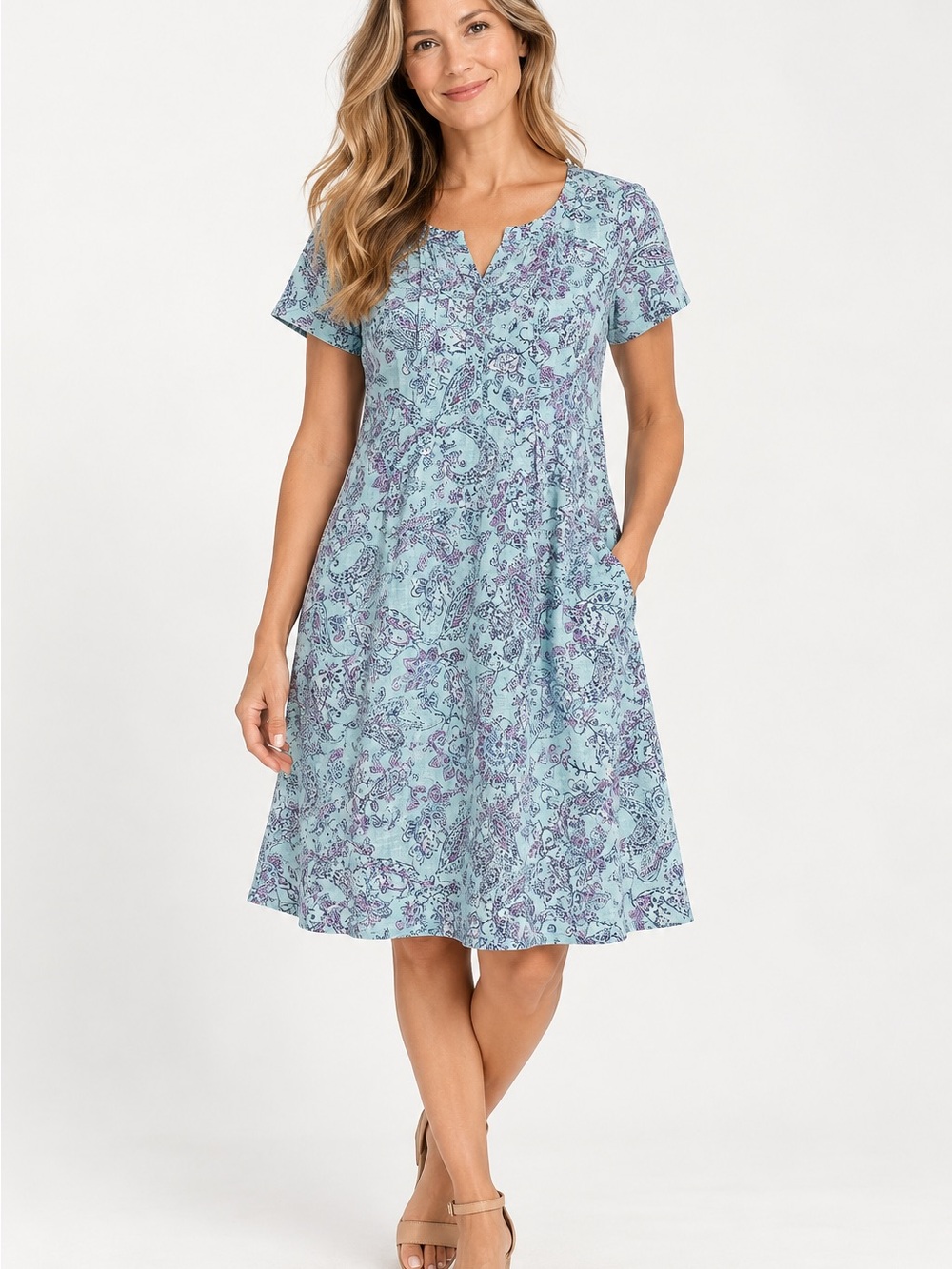 NWT J Jill Love Linen Dress Women S 100% Linen Paisley Blue Aqua Short Sleeve